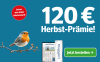 Ein Rotkehlchen auf einem Ast neben einem Abo-Angebot mit 120 Euro Herbst-Prämie für 12 Monate gedruckt und digital lesen.