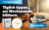 Ein Tisch mit einem iPad, einer Zeitung und Getränken, bewirbt das Abo-Angebot für Digital Komfort mit iPad 11 inklusive.