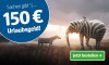 Grafik mit einem Elefanten mit Zebramuster und einem Zebra in einer Landschaft. Text: '150 Euro Urlaubsgeld!'. Button mit der Aufforderung 'Jetzt bestellen'.