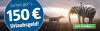 Grafik mit einem Elefanten mit Zebramuster und einem Zebra in einer Landschaft. Text: '150 Euro Urlaubsgeld!'. Button mit der Aufforderung 'Jetzt bestellen'.