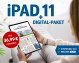 Eine Frau sitzt auf einem Sofa und hält ein iPad 11 Tablet, das das digitale Zeitungsangebot für nur 36,99 Euro monatlich zeigt.