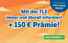 Text: Mit unserer Zeitung immer und überall informiert inkl. Bargeld Prämie! Nur bis 25.8.2026: Erster Monat GRATIS!